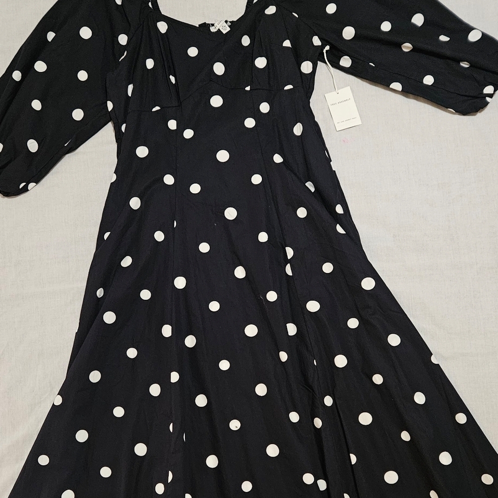 Free Assembly Cotton Polka Dot Maxi Dress Puff Sleeve Navy NWT - Picture 12 of 15
